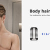 A body hair trimmer is shown next to a text listing sizes 3, 6, and 9 mm for body grooming.