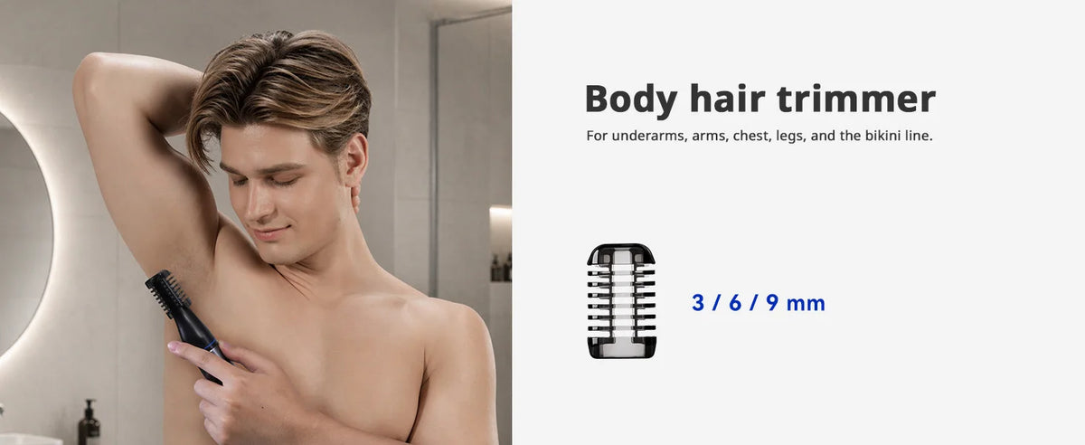 A body hair trimmer is shown next to a text listing sizes 3, 6, and 9 mm for body grooming.