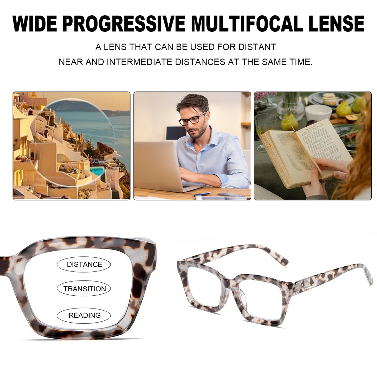 Tortoiseshell and leopard print blue light blocking reading glasses for distance, transition, and reading.