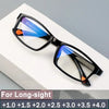 A pair of black multifocal reading glasses with blue and orange accents displayed on a white box.