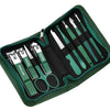 A green travel case holding a professional stainless steel manicure and pedicure kit with various tools.