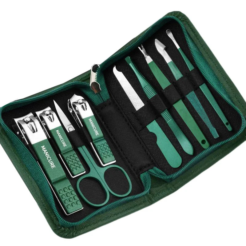 A green travel case holding a professional stainless steel manicure and pedicure kit with various tools.
