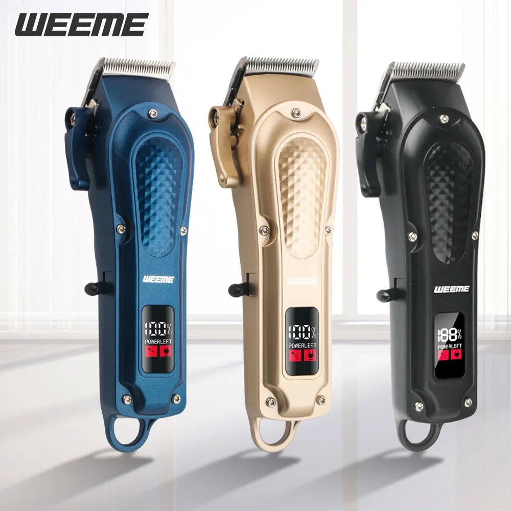 Three vintage cordless electric hair clippers in blue, beige, and black displayed against a white background.