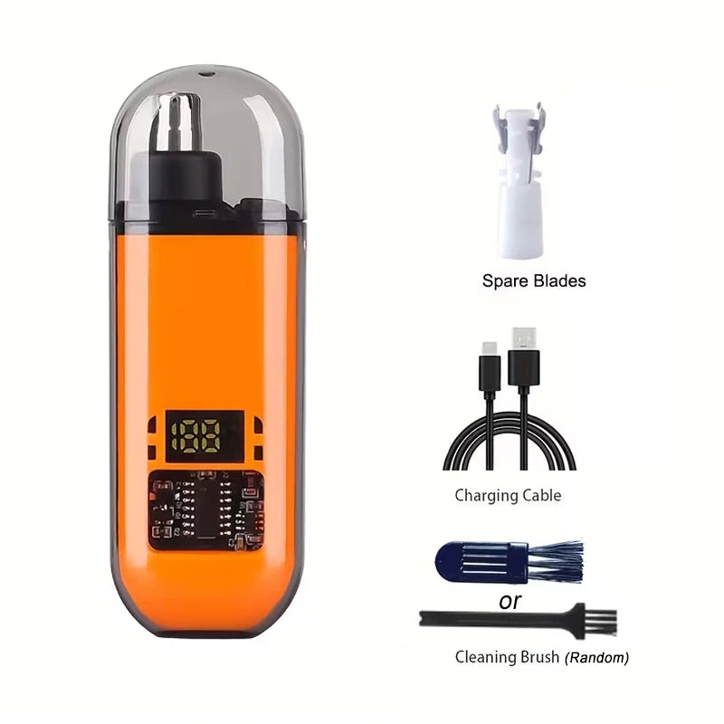 Orange electric portable hair and nose trimmer with spare blades, charging cable, and cleaning brush.