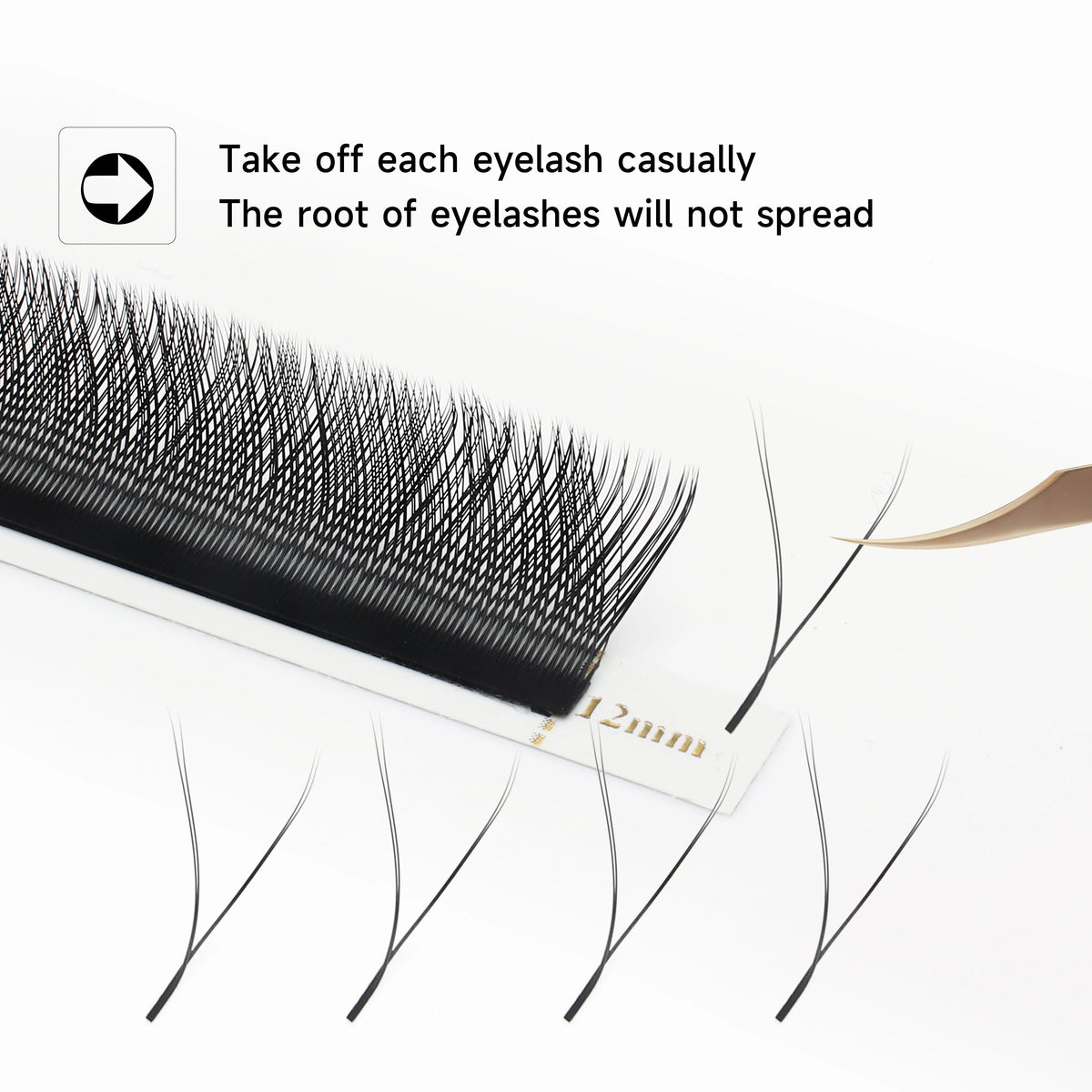 A close-up of premade volume eyelash extensions showing individual lashes and a swatch for application.