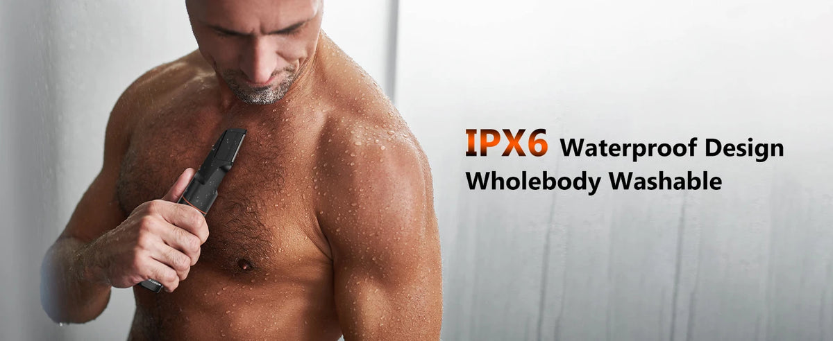 A muscular man is using an electric trimmer on his chest, demonstrating the waterproof and washable design of a grooming set.