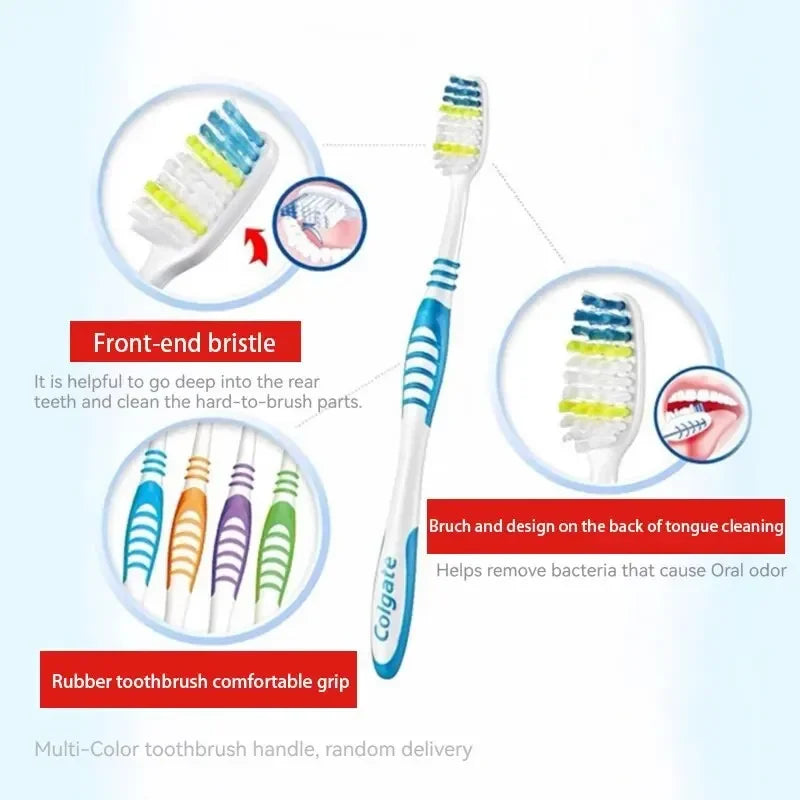 Manche et poils de brosse à dents multicolores avec des diagrammes illustrant la brosse frontale et le nettoyage de la langue