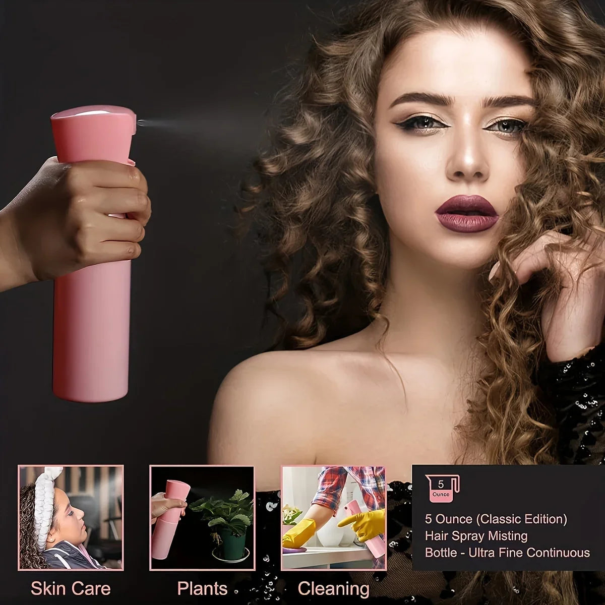 A woman is shown receiving a mist from a pink spray bottle for hair care, with plants and cleaning items visible in the backg