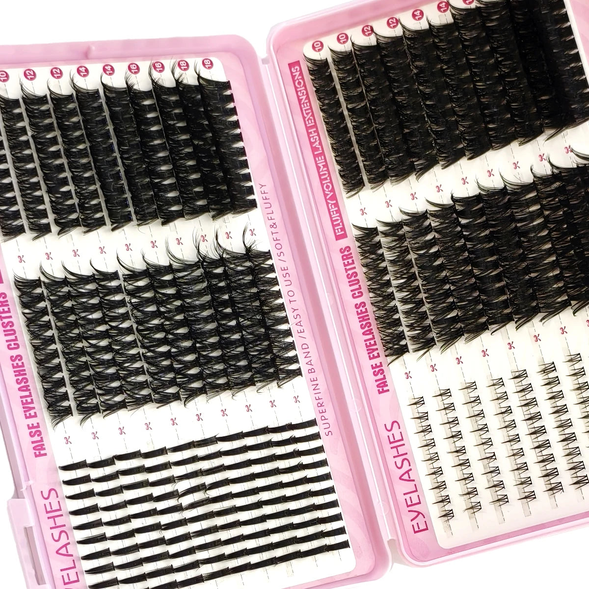 A pink plastic kit containing various lash extensions and tools for DIY use.