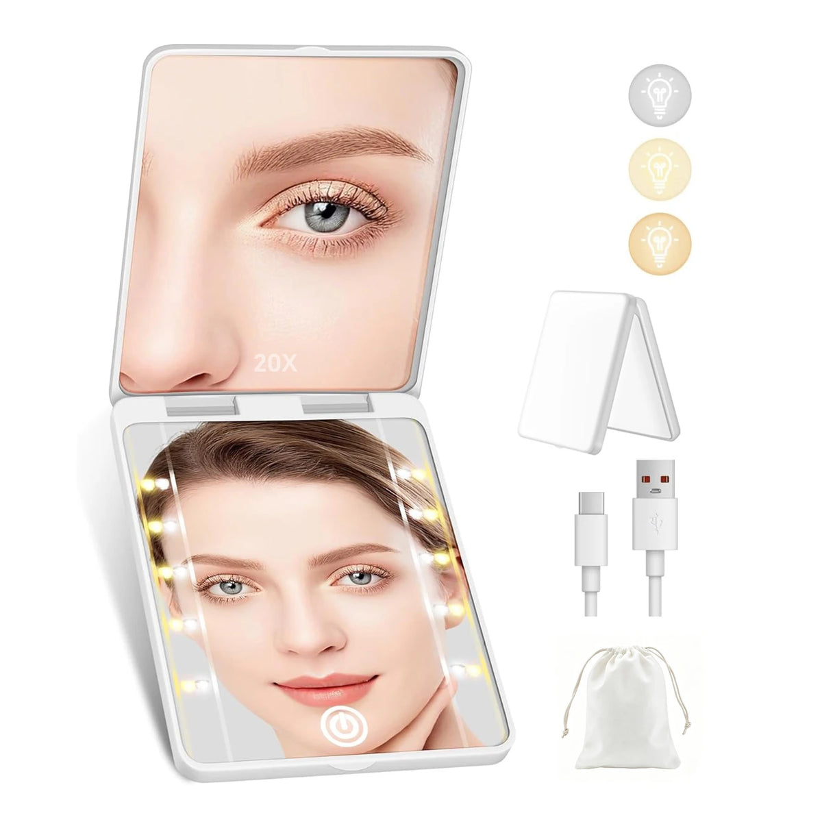 Miroir de maquillage rectangulaire montrant un visage, avec ampoules LED et une pochette de rangement.