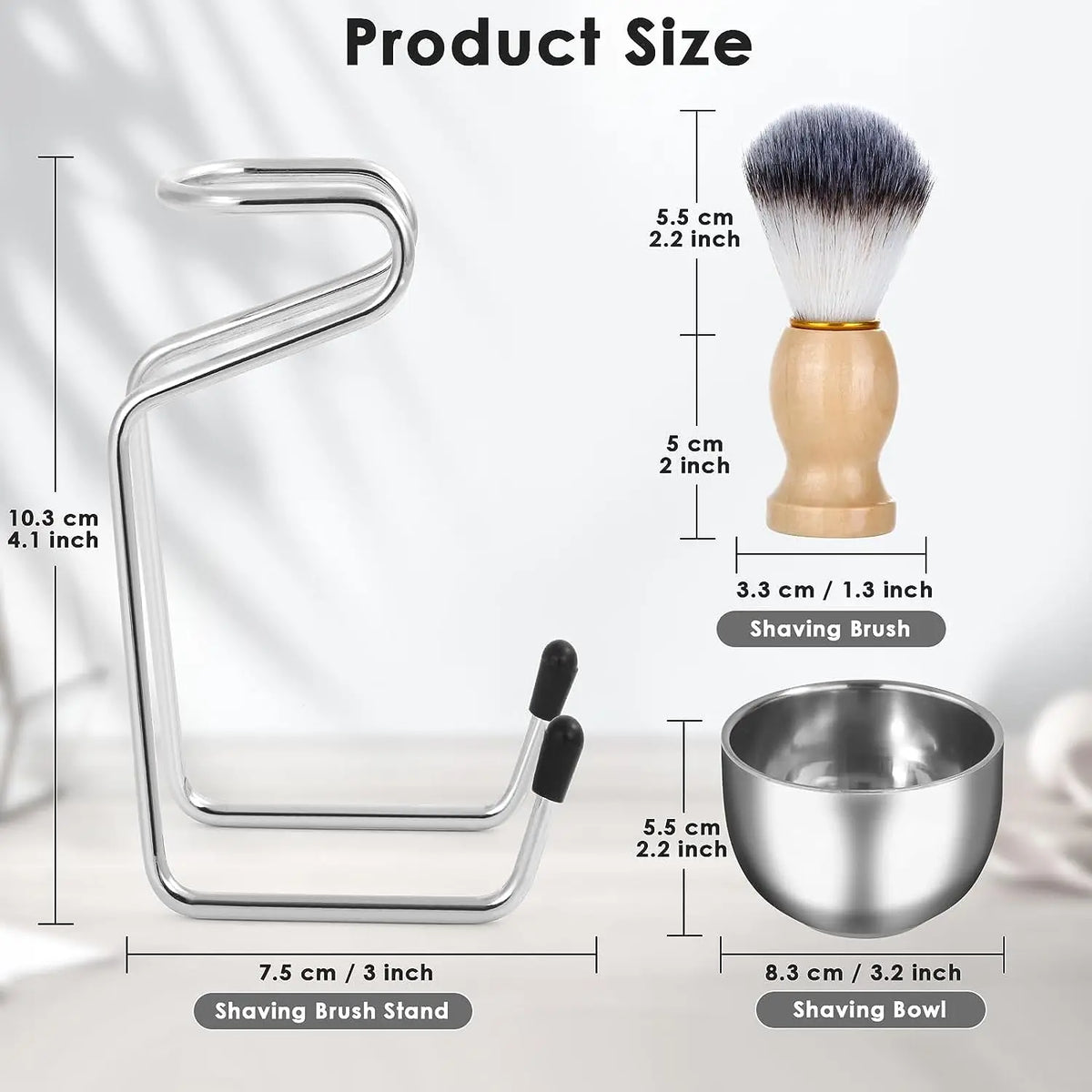 A set of men's shaving tools including a stainless steel shaving bowl, a shaving brush with a wood handle, and a metal shavin