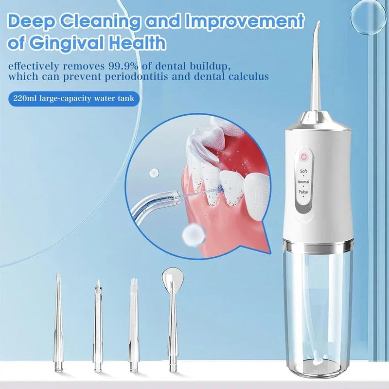A white portable USB rechargeable water flosser with four tips is shown next to various dental cleaning tools.