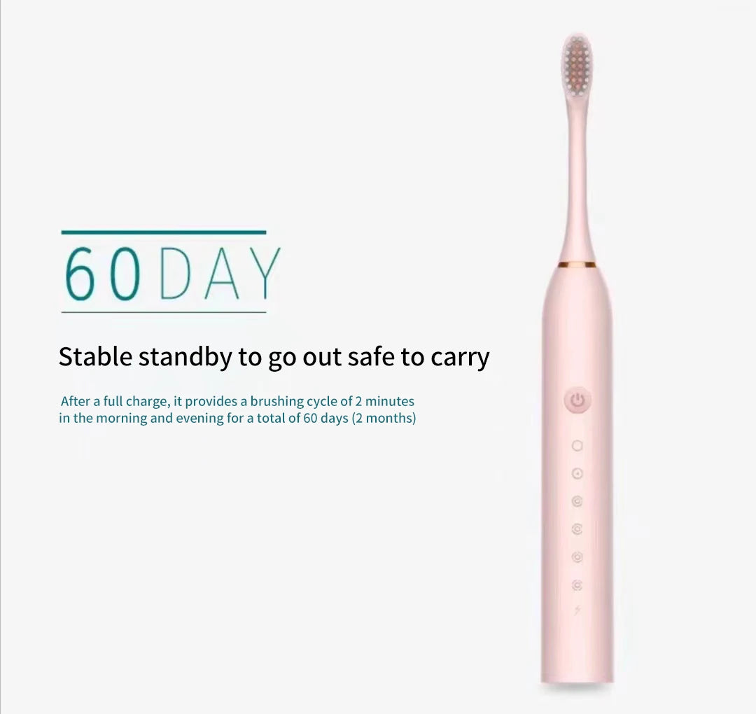 A pink sonic electric toothbrush with a charging base and brush head, promoting a 60-day standby use.