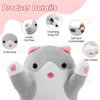 A gray cat-shaped electric heating pad featuring a cute face, lovely paw, and long tail details.
