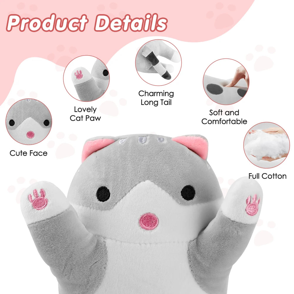 A gray cat-shaped electric heating pad featuring a cute face, lovely paw, and long tail details.