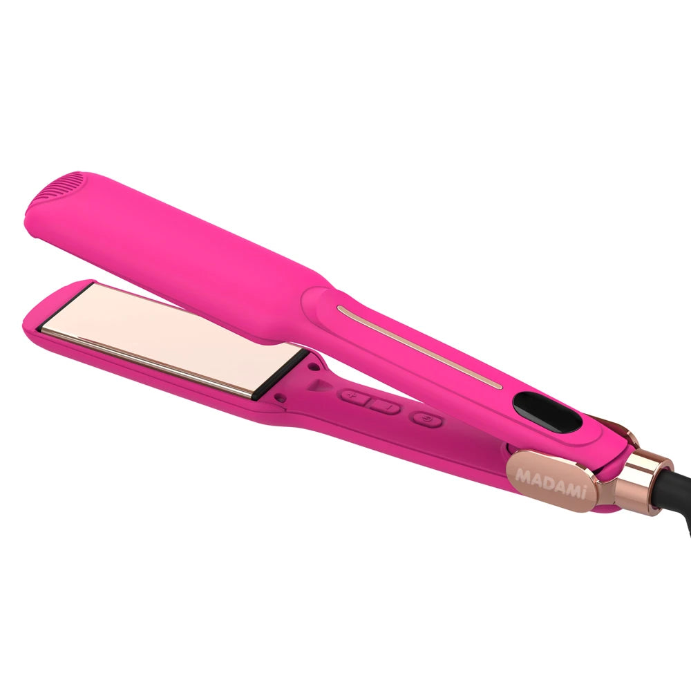 A pink professional infrared hair straightener and curler tool.