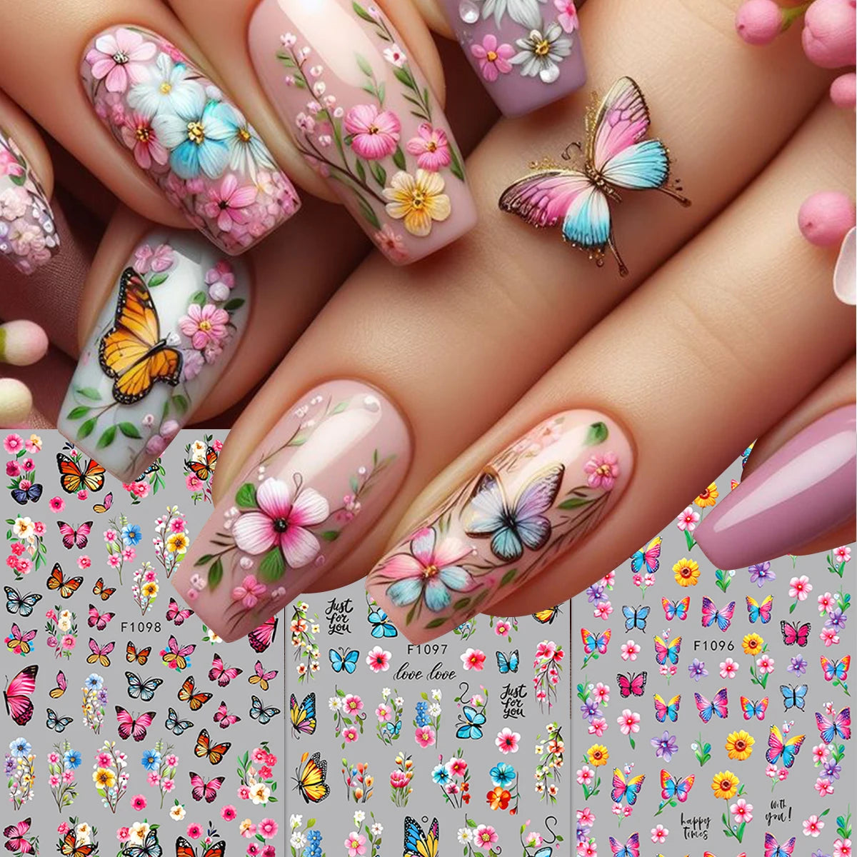Close-up of manicured fingers displaying various floral and butterfly nail stickers for DIY decoration