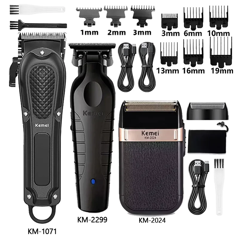 A collection of Kemel beard and hair trimmers, including various guard attachments and the KM-1071 and KM-2024 models.