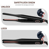 A black adjustable flat iron with a pink accent is shown in both unlocked and locked states.