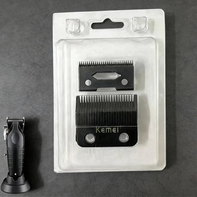 A clear plastic package containing two black replacement blades for a hair clipper.