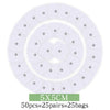 A circular pad of white muscle stimulator electrodes, packaged as 25 pairs or 25 bags.