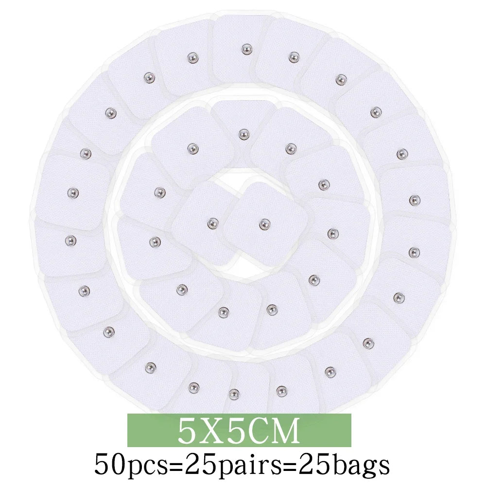 A circular pad of white muscle stimulator electrodes, packaged as 25 pairs or 25 bags.