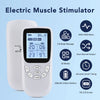 A white electric muscle stimulator device with an HD LCD screen and battery is shown.