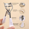 A professional stainless steel eyelash curler set with silicone pads and rubber handles shown in detail.