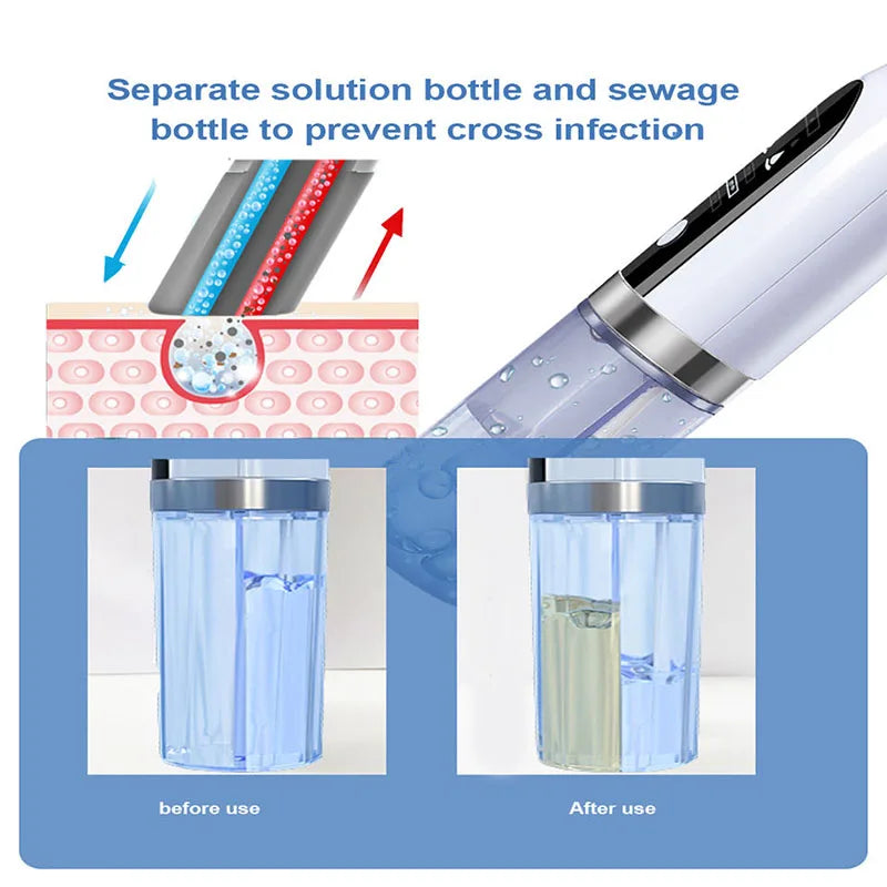 A micro bubble pore vacuum cleaner showing a solution bottle and sewage bottle separated to prevent cross infection.