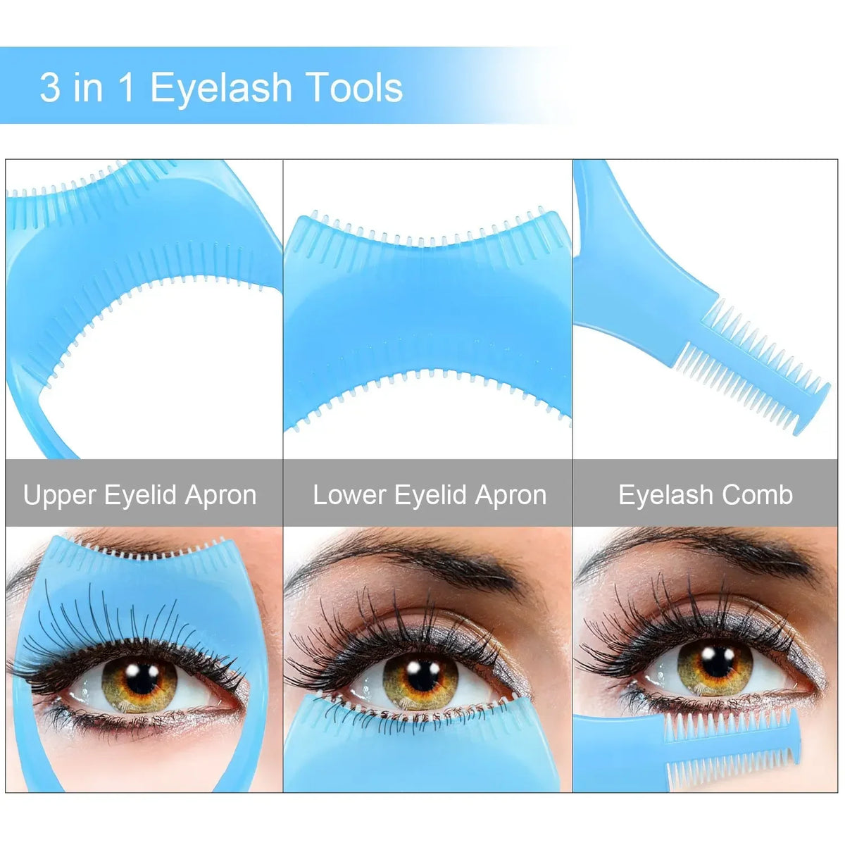 Un set de 3 outils pour cils : écharpe pour paupières supérieures, écharpe pour paupières inférieures et peigne à cils.