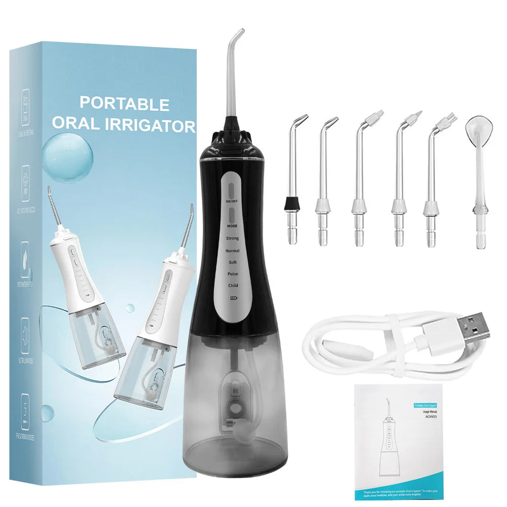 A portable oral irrigator device shown in its packaging with various tips and a power cord.