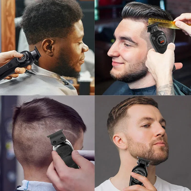 A man is using a professional high-speed electric hair clipper to style his haircut.