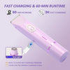 A purple electric body hair trimmer with a light, showing features for fast charging and 60-minute runtime.