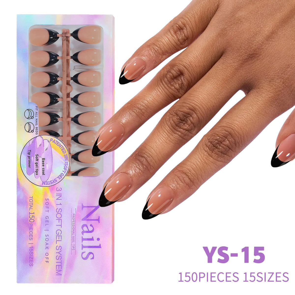 A hand displays a set of almond press-on nails in rich coffee black, packaged for sale.