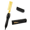 A black and gold 2-in-1 straightening comb with parallel plates and a separate comb shown next to its packaging.