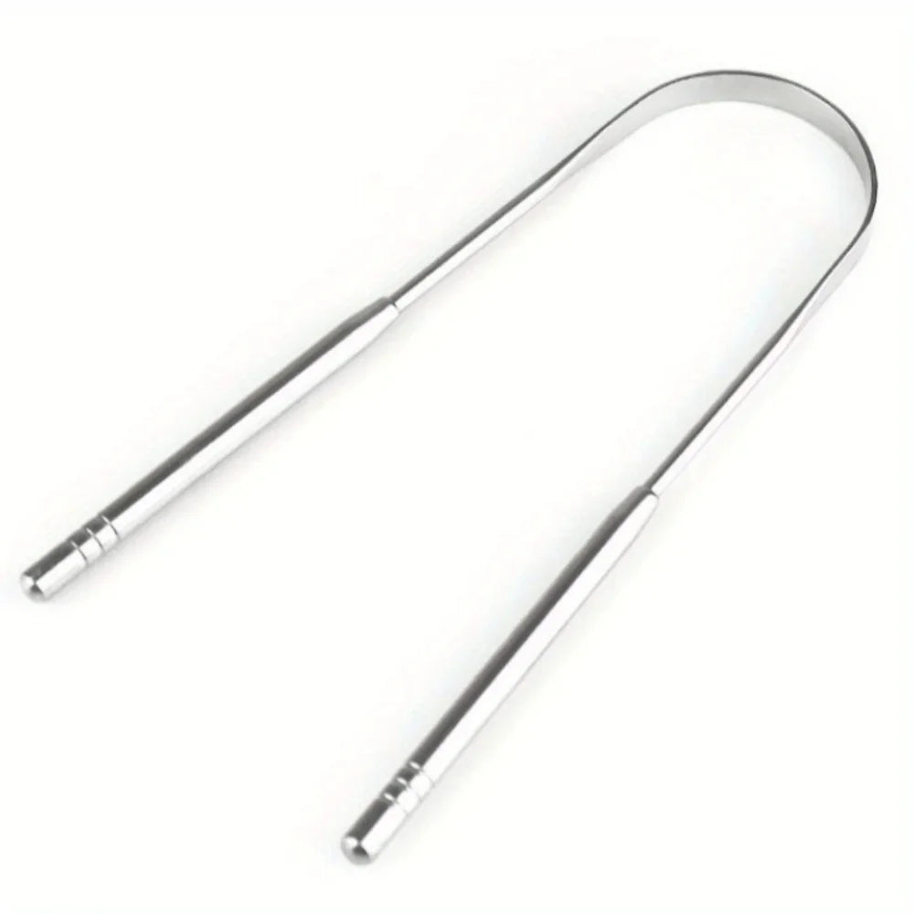 Stainless steel U-shaped tongue scraper with a handle and scraping end.