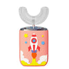 A pink and orange electric toothbrush for kids with a clear silicone brush head and rocket design.