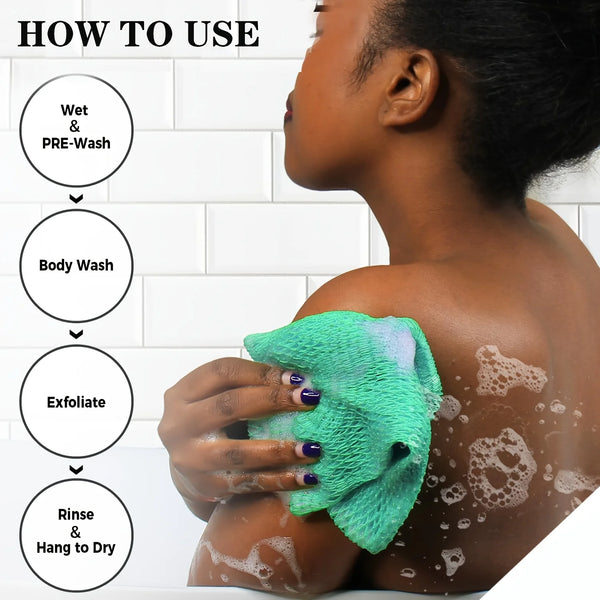 Diagram showing the steps to use an exfoliating net bath sponge for body wash and cleansing.