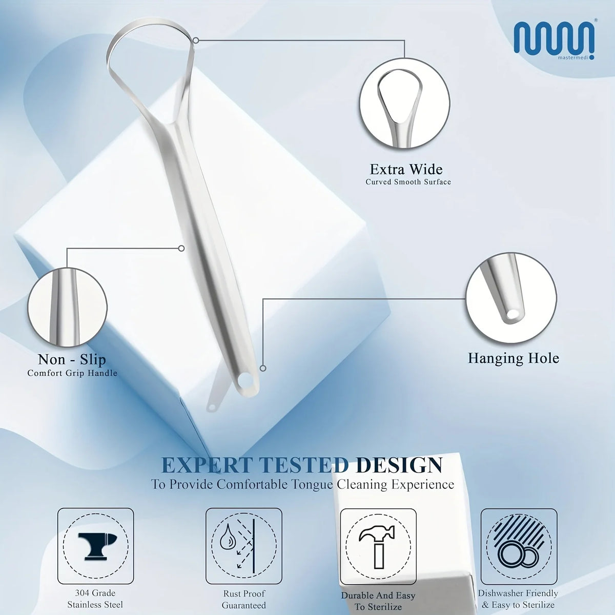 A portable stainless steel tongue scraper set shown with features like a non-slip handle, extra wide curved surface, and hang