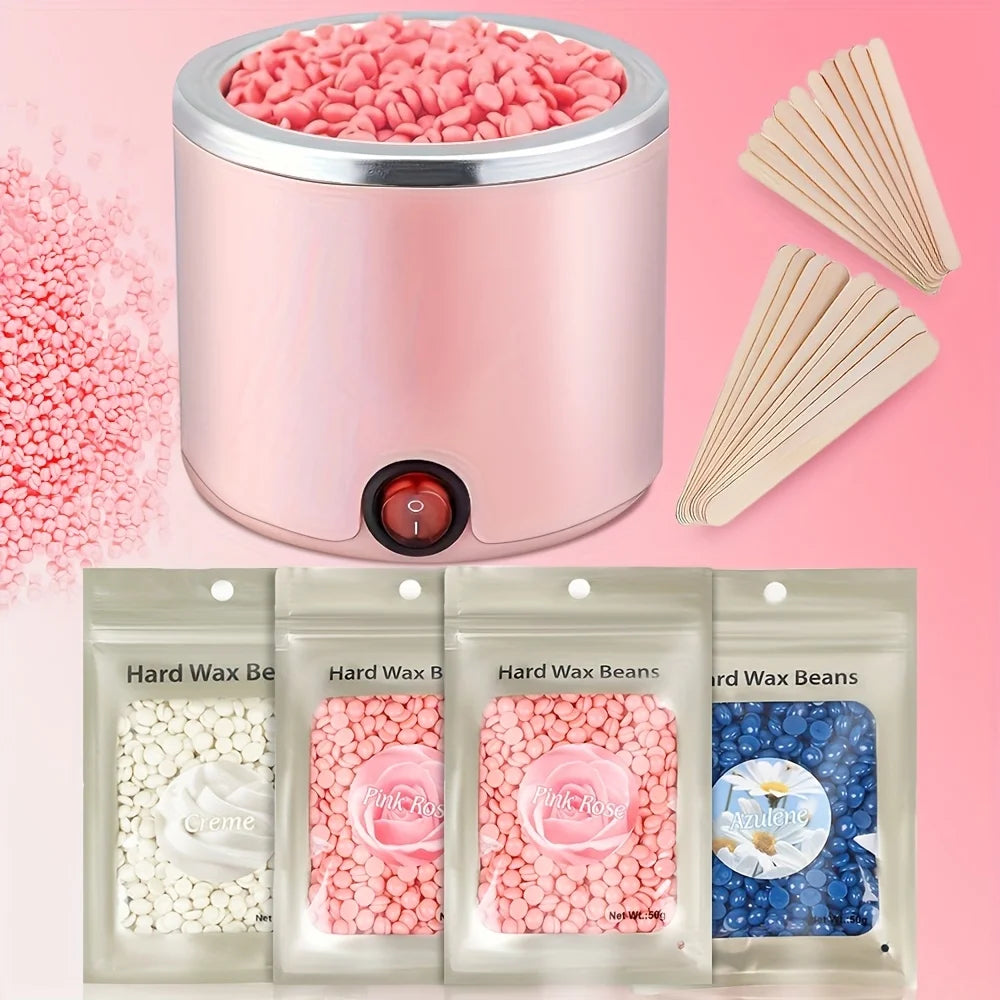 A pink professional wax heater device with a container of pink wax beans and several sheets of wax.