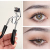 A silver professional eyelash curler is shown being held, with close-ups of its use on an eye.