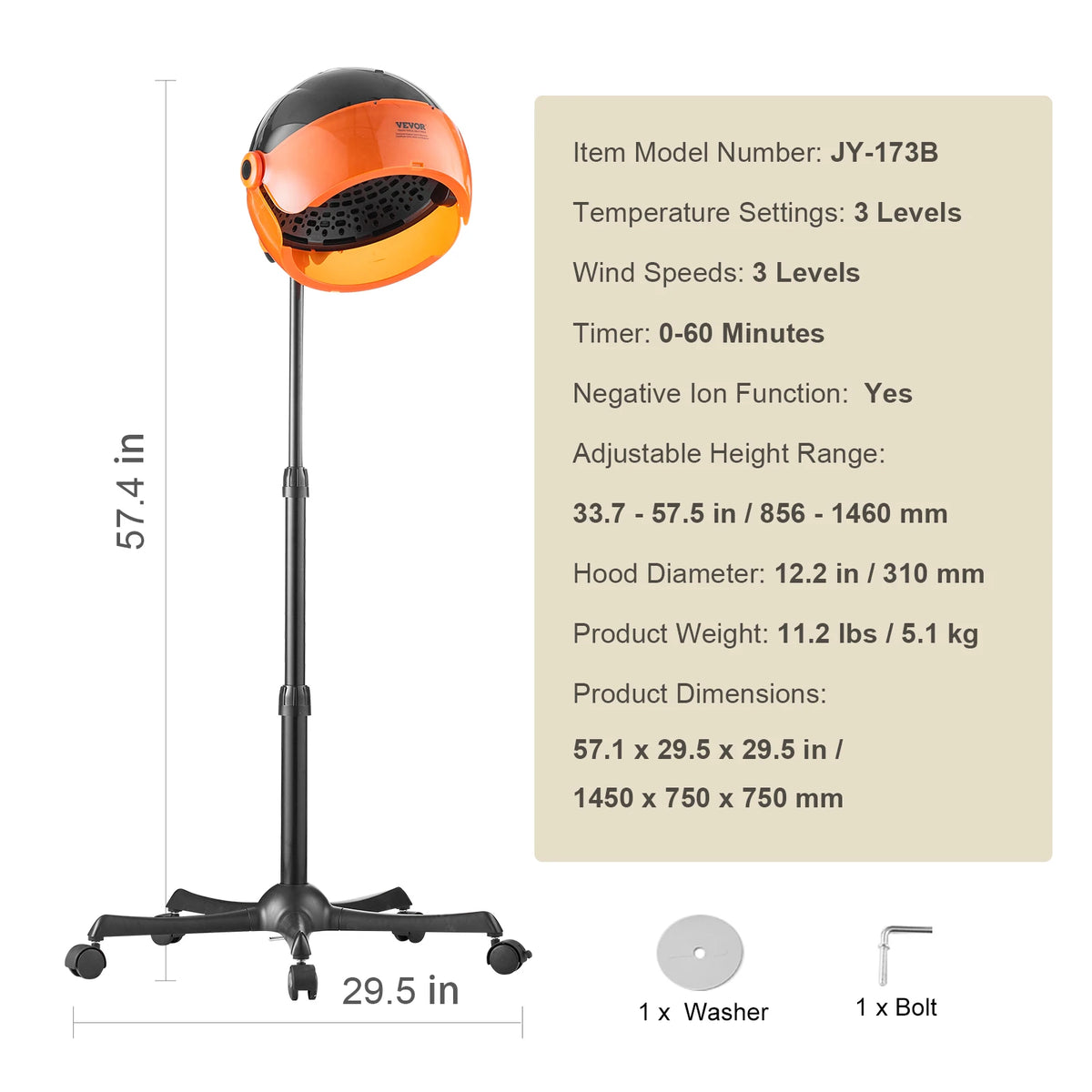 An orange ionic hooded hair dryer with a black stand and adjustable settings details.