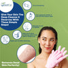 A woman applies a moisturizer while wearing pink exfoliating bath gloves, demonstrating steps for deep cleansing.