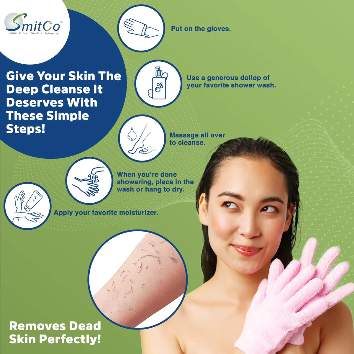 A woman applies a moisturizer while wearing pink exfoliating bath gloves, demonstrating steps for deep cleansing.