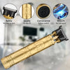 A gold-colored cordless hair trimmer with a precision cutting head and safety features shown alongside quality and convenienc