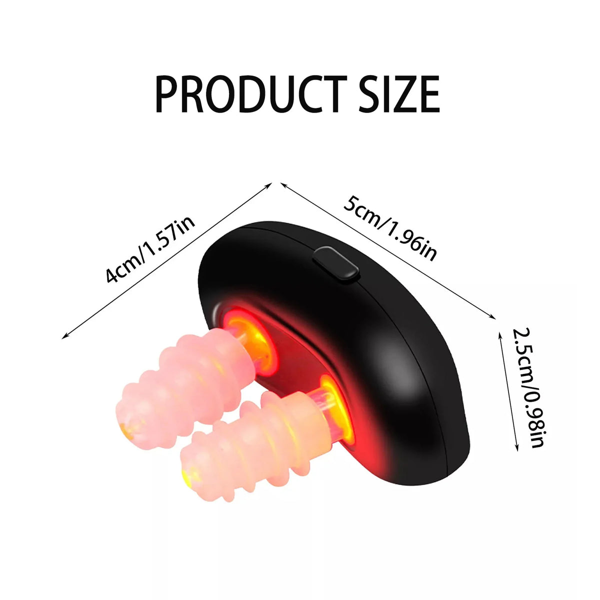 A black portable infrared nasal therapy device showing its size dimensions.