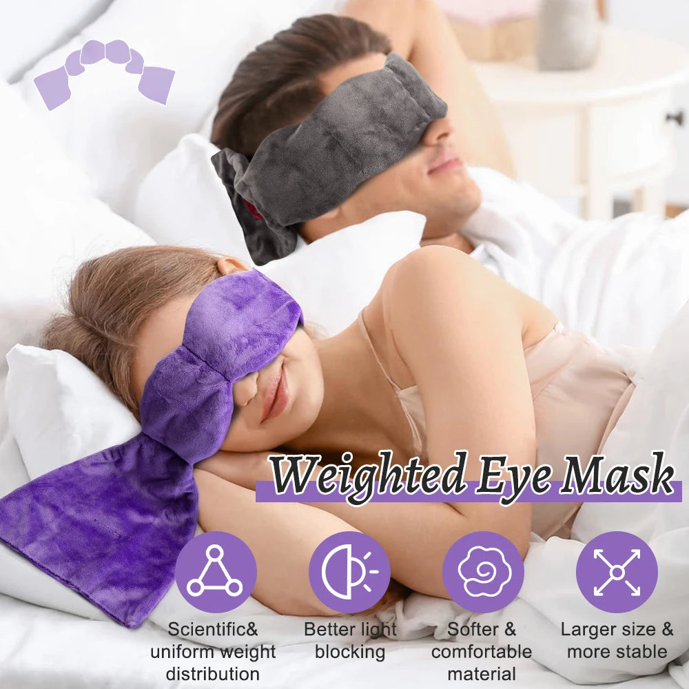 A purple weighted eye mask is shown being worn by a man, highlighting its scientific weight distribution and soft material.