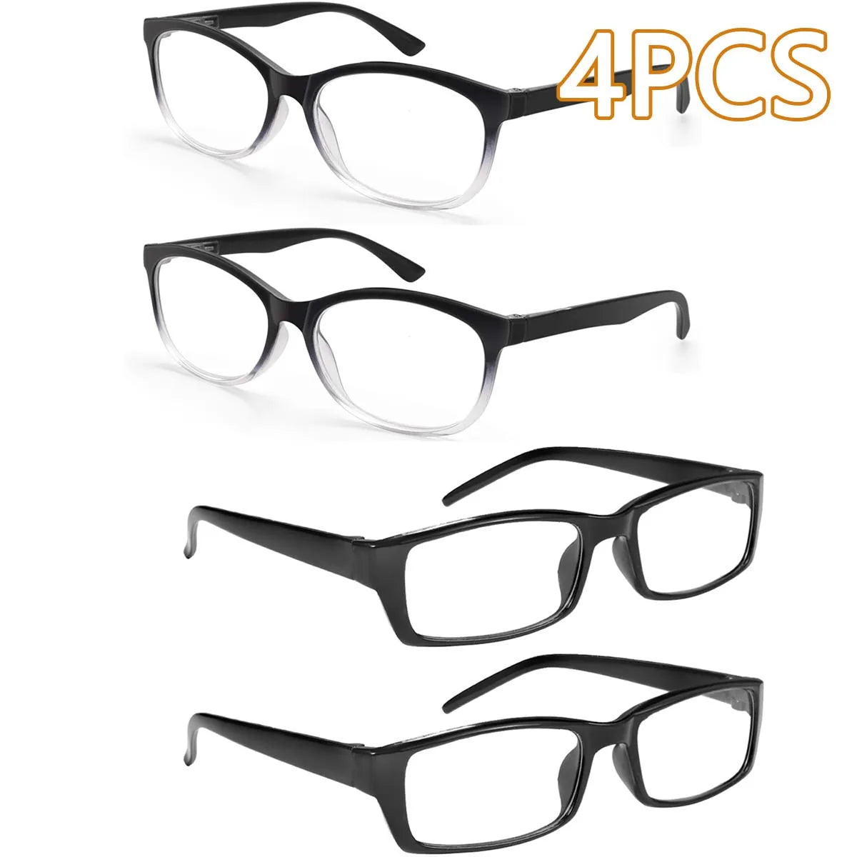Un set de quatre lunettes de lecture noires multi-lentilles avec protection anti-lumière bleue.