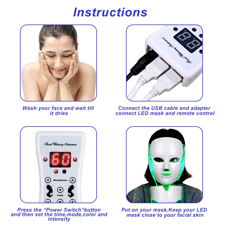 Instrucciones para usar una mascarilla de terapia facial LED de 7 colores, mostrando pasos para lavar la cara, conectar el ca