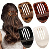 A set of oval flat hair clips in various brown and black leopard print patterns shown next to a woman's hair.